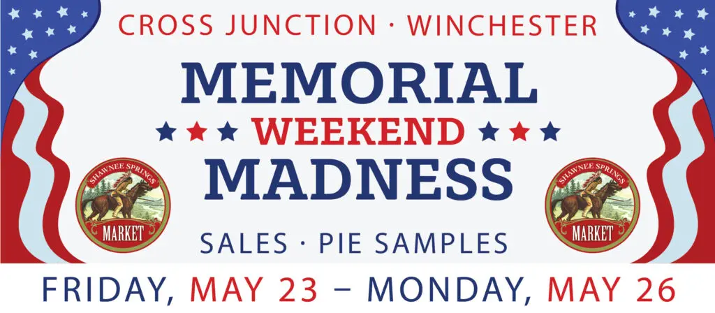 Banner for Memorial Weekend event at Cross Junction and Winchester featuring sales and pie samples, taking place May 23-26. Patriotic colors used.