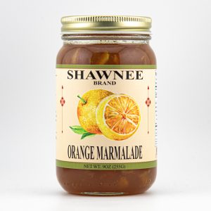 A jar of Shawnee Brand orange marmalade, featuring an orange illustration on the label. Jar contains 9 oz (255g) of marmalade.