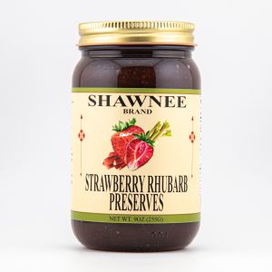 A jar of Shawnee Brand Strawberry Rhubarb Preserves, featuring a beige label with fruit illustrations, containing 9 oz (255g) of preserves.