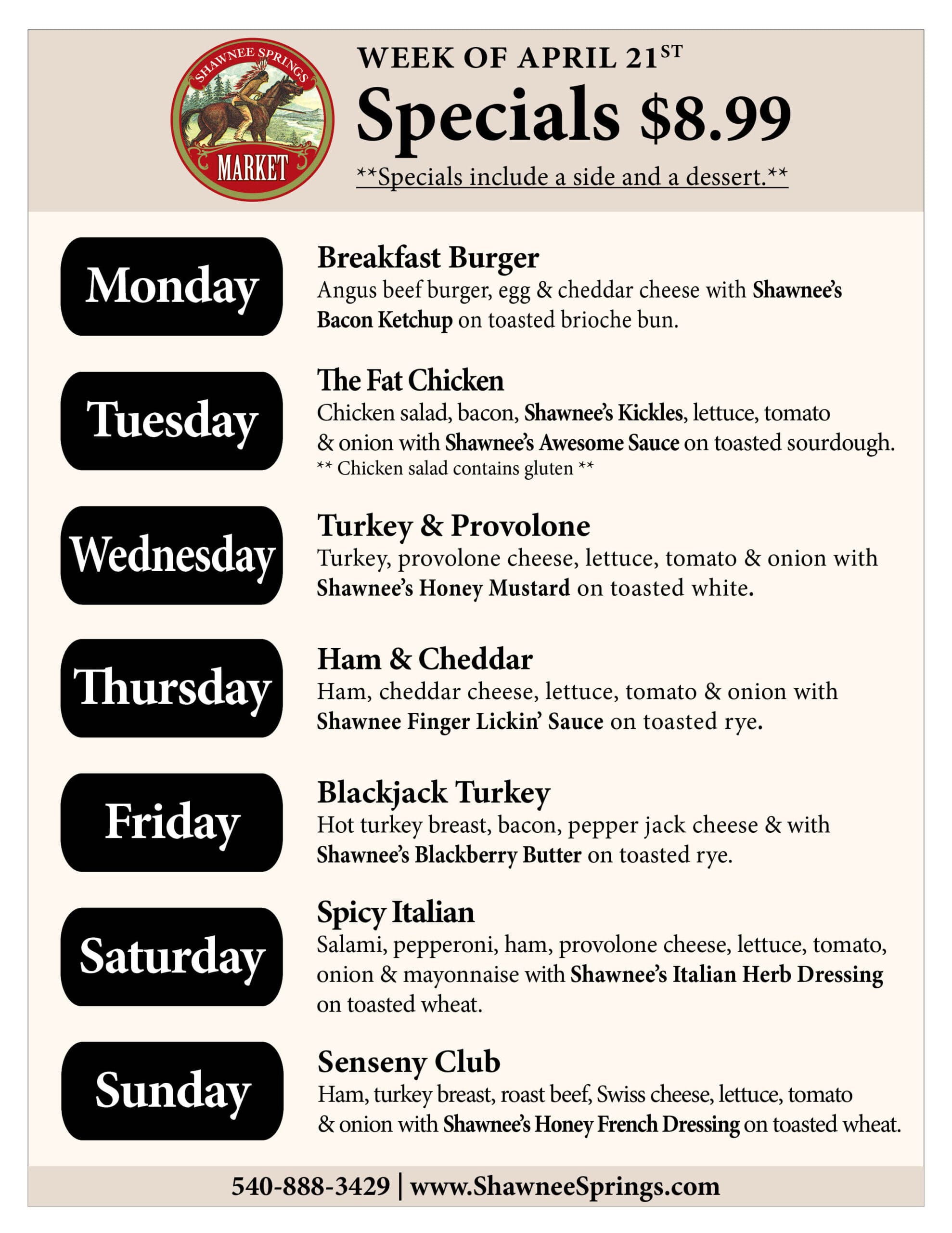 Weekly menu from Shawnee Springs Market offers daily sandwich specials for $8.99, including a side and dessert, from Monday to Sunday.