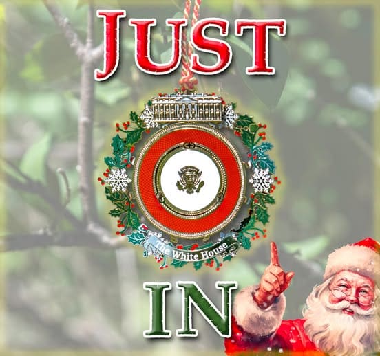 Festive ornament featuring the White House emblem hangs on a tree. Santa gestures merrily, with "Just In" text above.